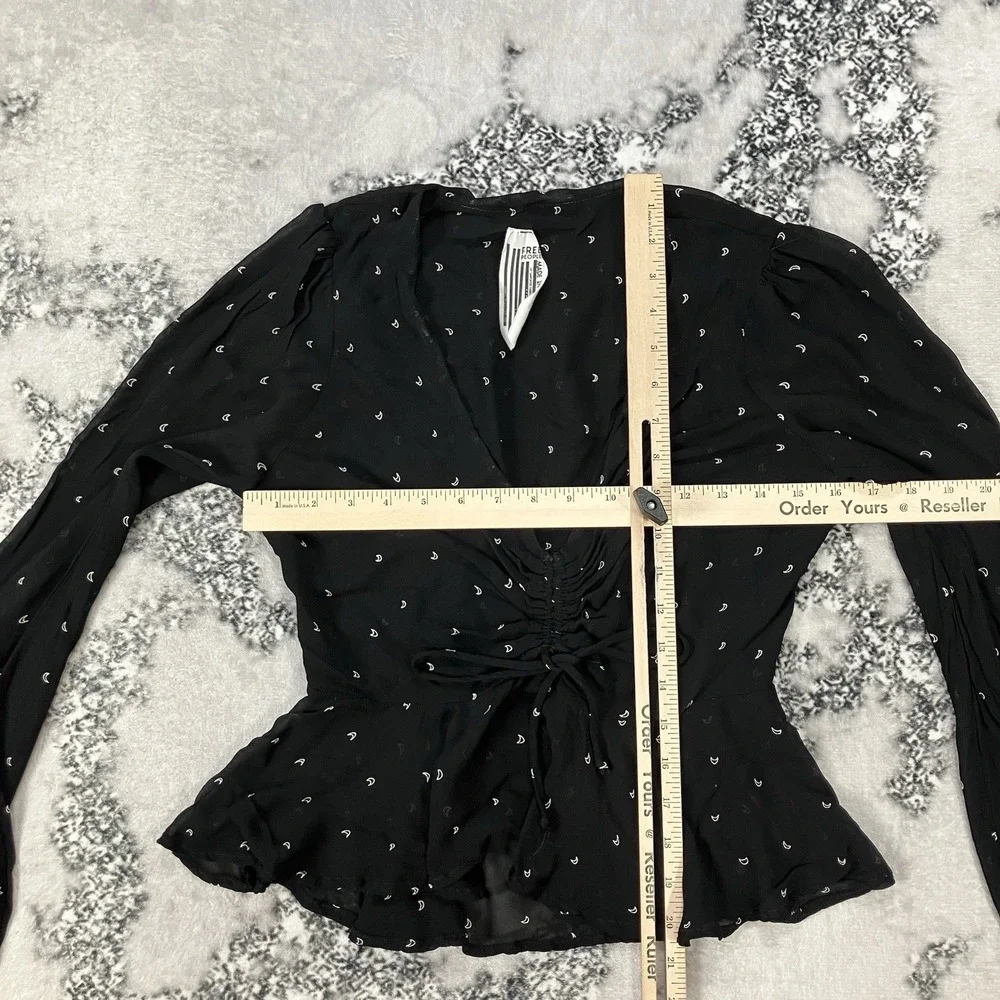 Free People Moon Child Black Crescent Moon Ruched Peplum Blouse Women's Size S